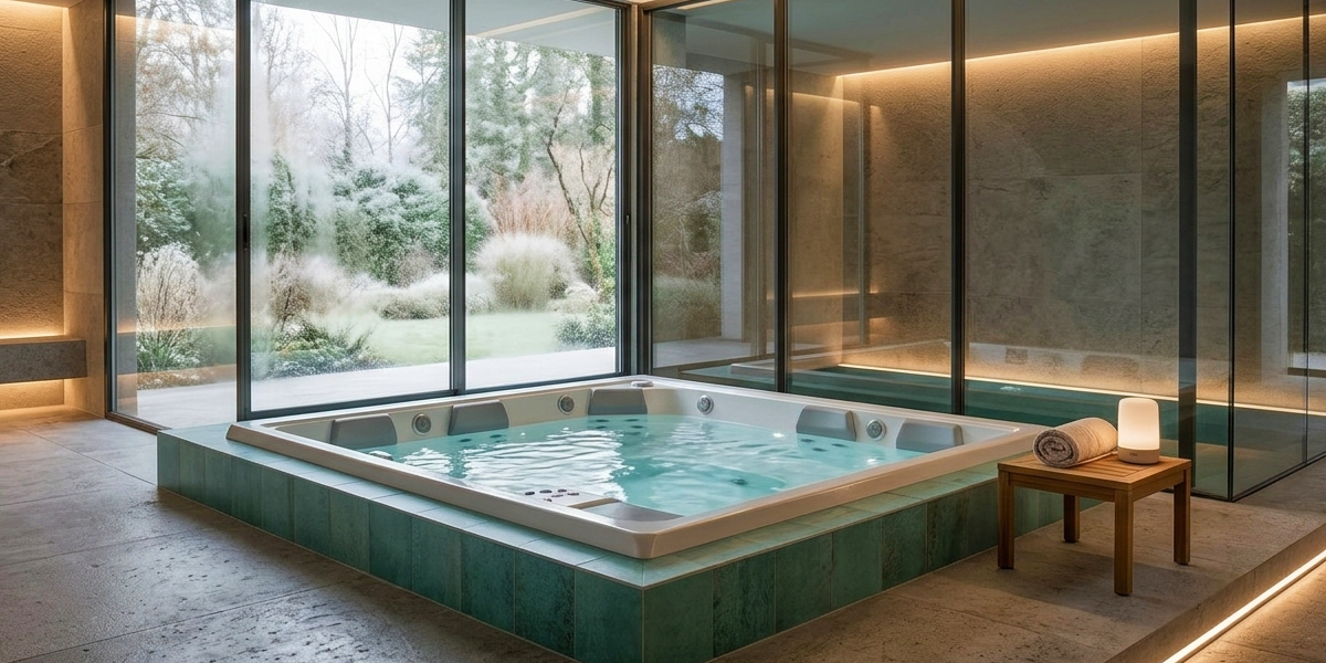 Pēc pasūtījuma izstrādāts USSPA spa masāžas baseins ar kristāldzidru ūdeni modernā iekštelpu labsajūtas zonā ar stikla sienām un skatu uz dārzu.
